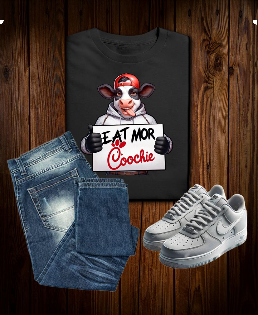 Eat More Coochie Tee – Funny Cow Mascot Parody Shirt