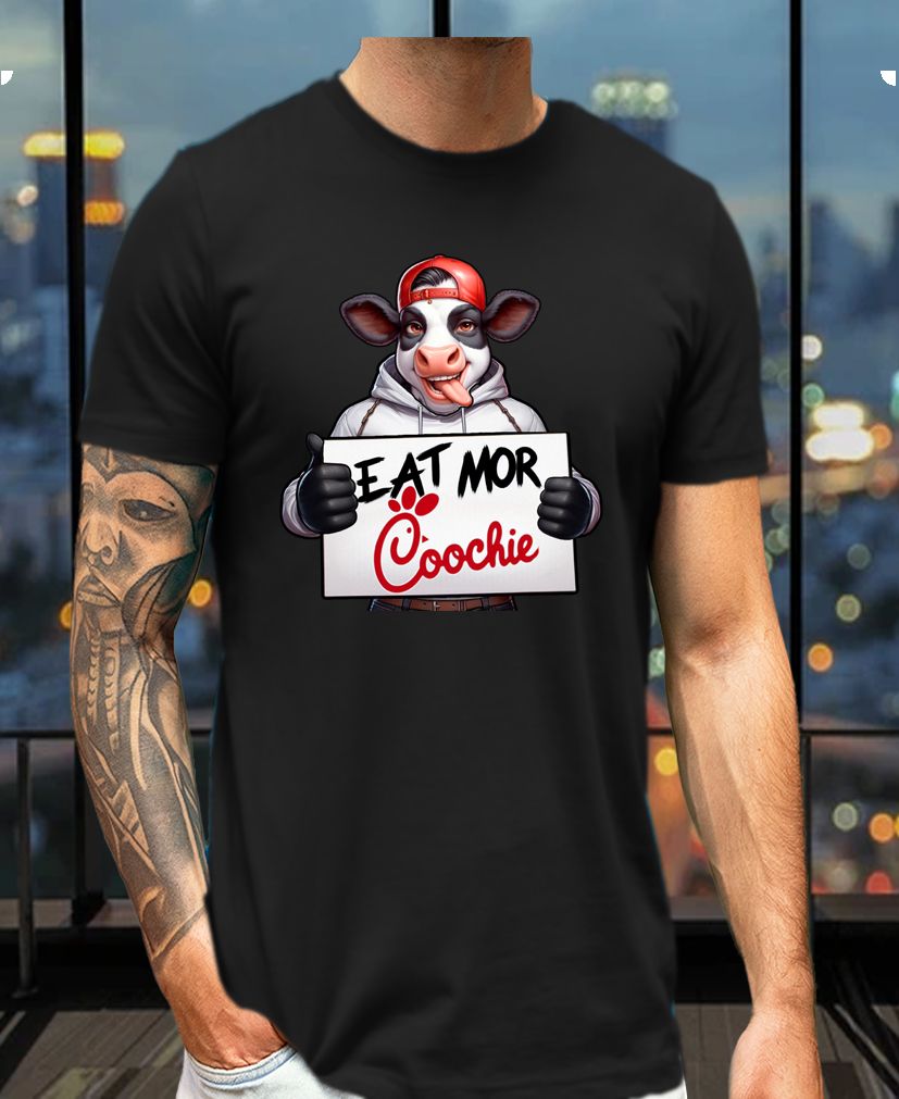 Eat More Coochie Tee – Funny Cow Mascot Parody Shirt