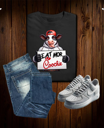 Eat More Coochie Tee – Funny Cow Mascot Parody Shirt